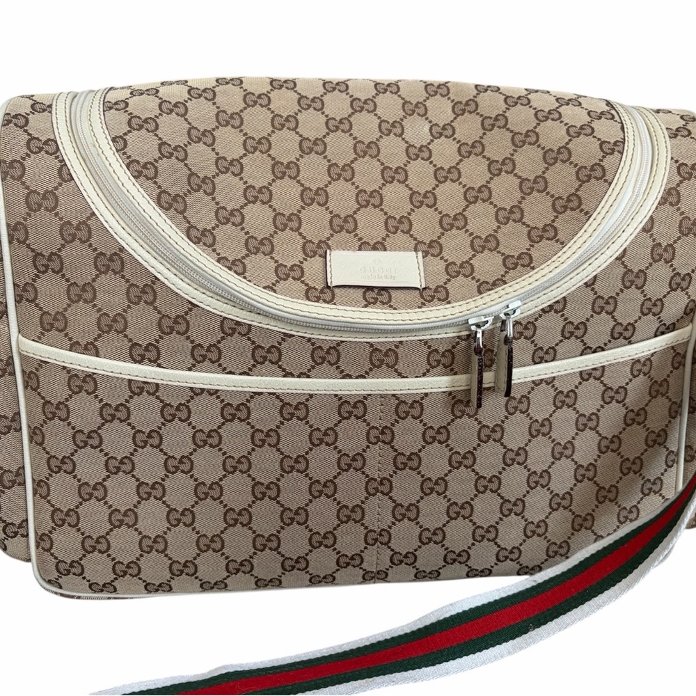 Gucci Tan Monogram Messenger Bag with Green and Red Strap